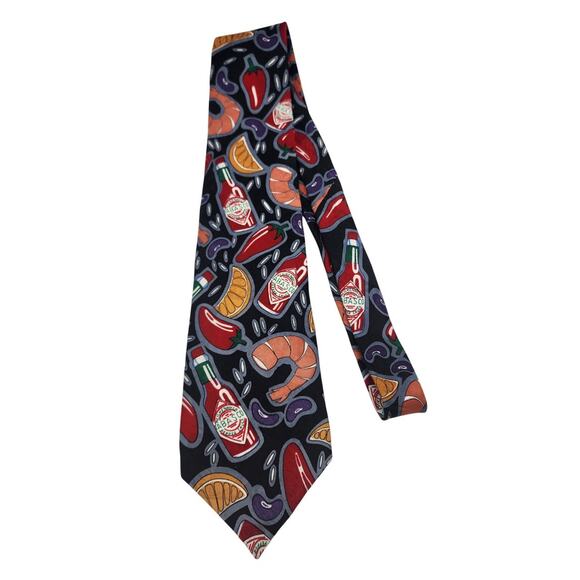 Vintage 1990's Tabasco Brand Hot Sauce Bottle Imported Silk Tie, Shrimp, Peppers - Picture 1 of 7
